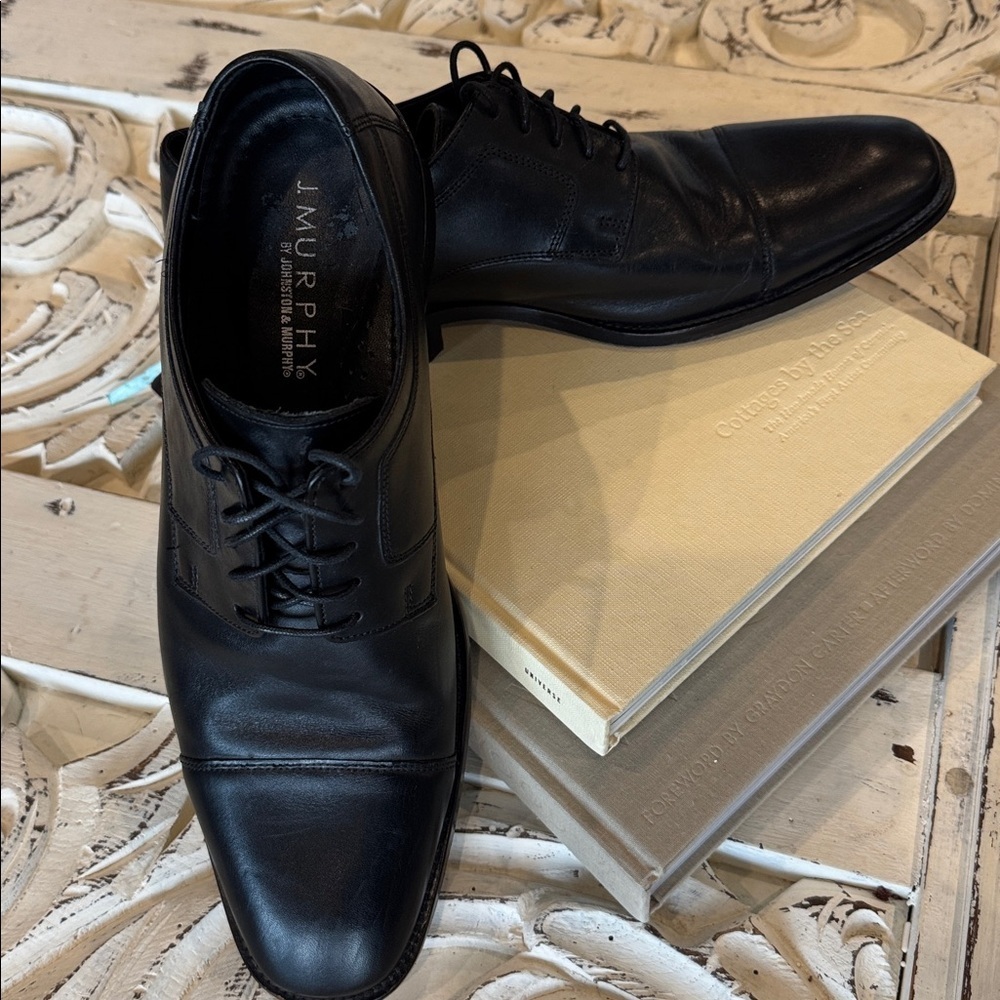Johnston & Murphy Mens 12M Cap Toe Oxford Black Leather Shoes 59 -11567 Preppy